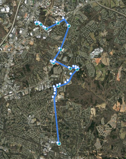 Fiber route plotted on satellite map after GPS import — Charlotte NC circuit