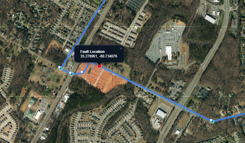Fault pin placed on satellite map — Charlotte NC, GPS 35.278°N 80.734°W