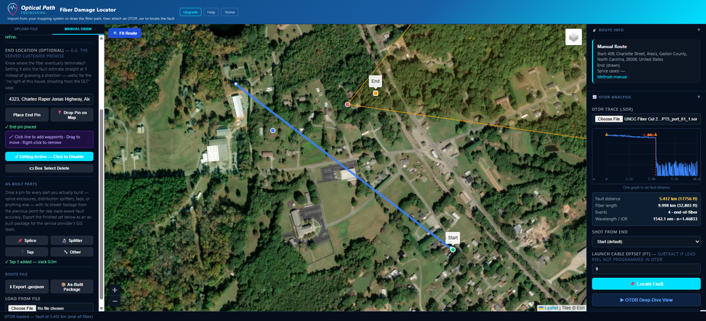 Manual Draw with an End Location pin set — the fault estimate narrows to a directional sector aimed at it